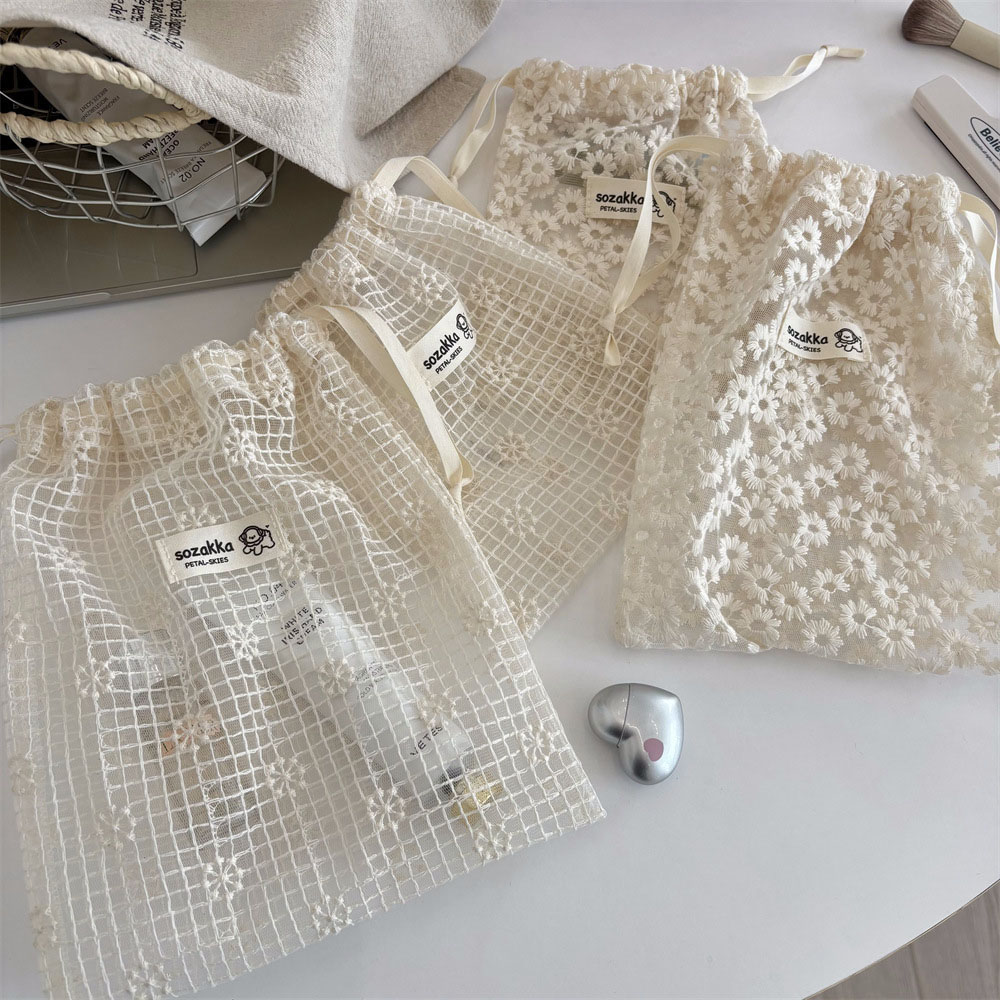 Travel Accessories Store - Lace Embroidered Daisy Mesh Drawstring Makeup